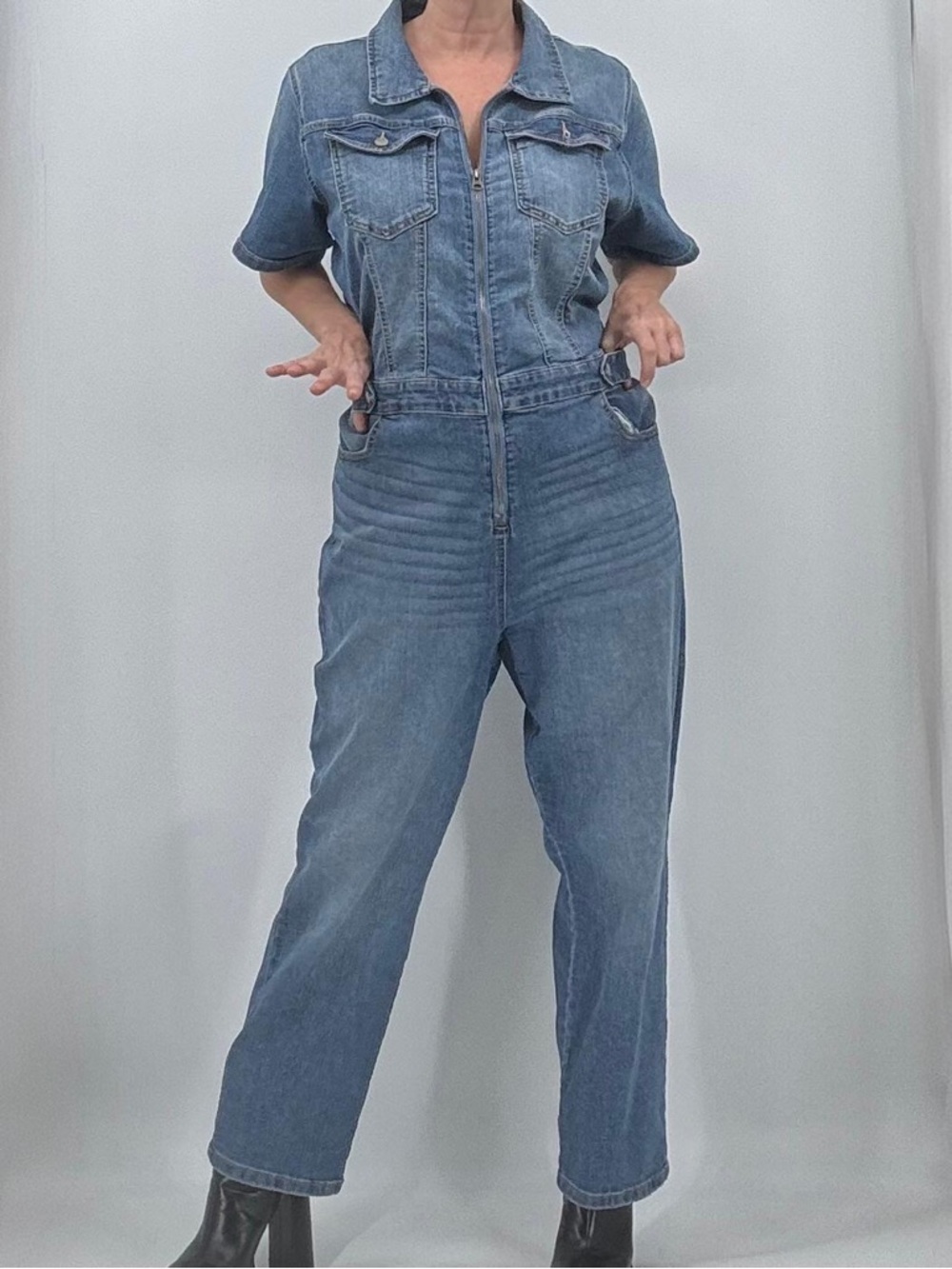 Celebrity Pink Retro 70s Zippered Boiler Suit Denim Overalls Jumpsuit - Picture 3 of 15